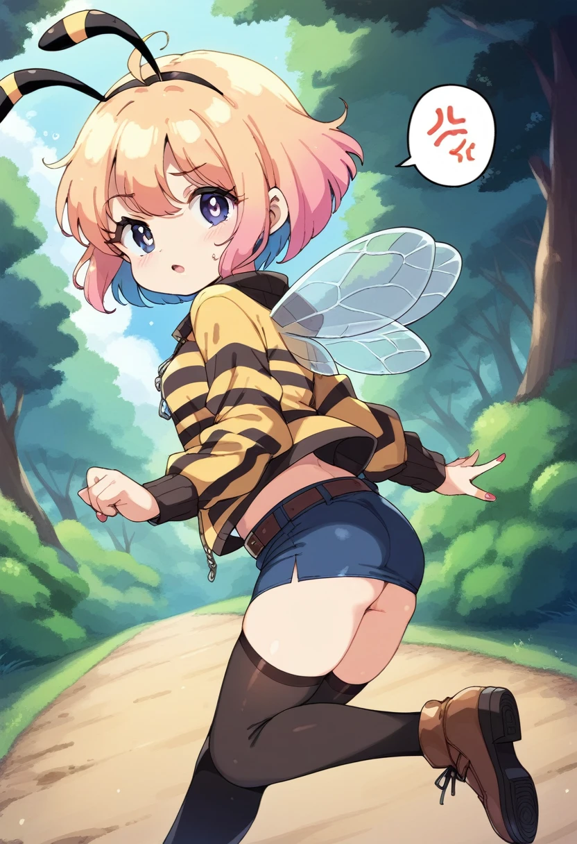 score_9, score_7_up, score_6_up, 1girl, source_cartoon, source_anime,breathtalking Scenery,watercolor,smooth soft skin, natural skin,anime screencap,mjm,rating_questionable,vum,bfg
BREAK
1girl,(solo:1.2),(hornet girl:1.4), bee girl,(little female child:1.3), (:1.3),6 yo, kawaii,baby face,small breast, cute face,oily skin,(Phat ass:0.8)
BREAK
(black bob cut:1.4),black lob hair,(yellow gradient hair:1.1),(yellow dip-dye hair:1.1),ahoge,highlight on eyes,(nail_polish:1.1), black eyes,beautiful eyes, detailed eyes, puffy eyes,
BREAK
(bee antennae:1.3), (PVC material Extremely small bee wings:1.1), (bee wings:1.1),symmetry bee wings, anger vein,anguish,(spoken squiggle:1.5),
BREAK
belt buckle,jacket, zip up, (pencil Skirt:1.1),(yellow striped black stockings:1.3),pierce,chain accessory,punk rock, croped shirt
BREAK
isometric,dutch angle,(deep forest,darkness:1.2),(running:1.3),dynamic running,dynamicangle,In a secluded setting, surrounded by a dense forest, the bog lay hidden like a secret gem, its misty surface whispering tales of ancient times,misty,deep forest,