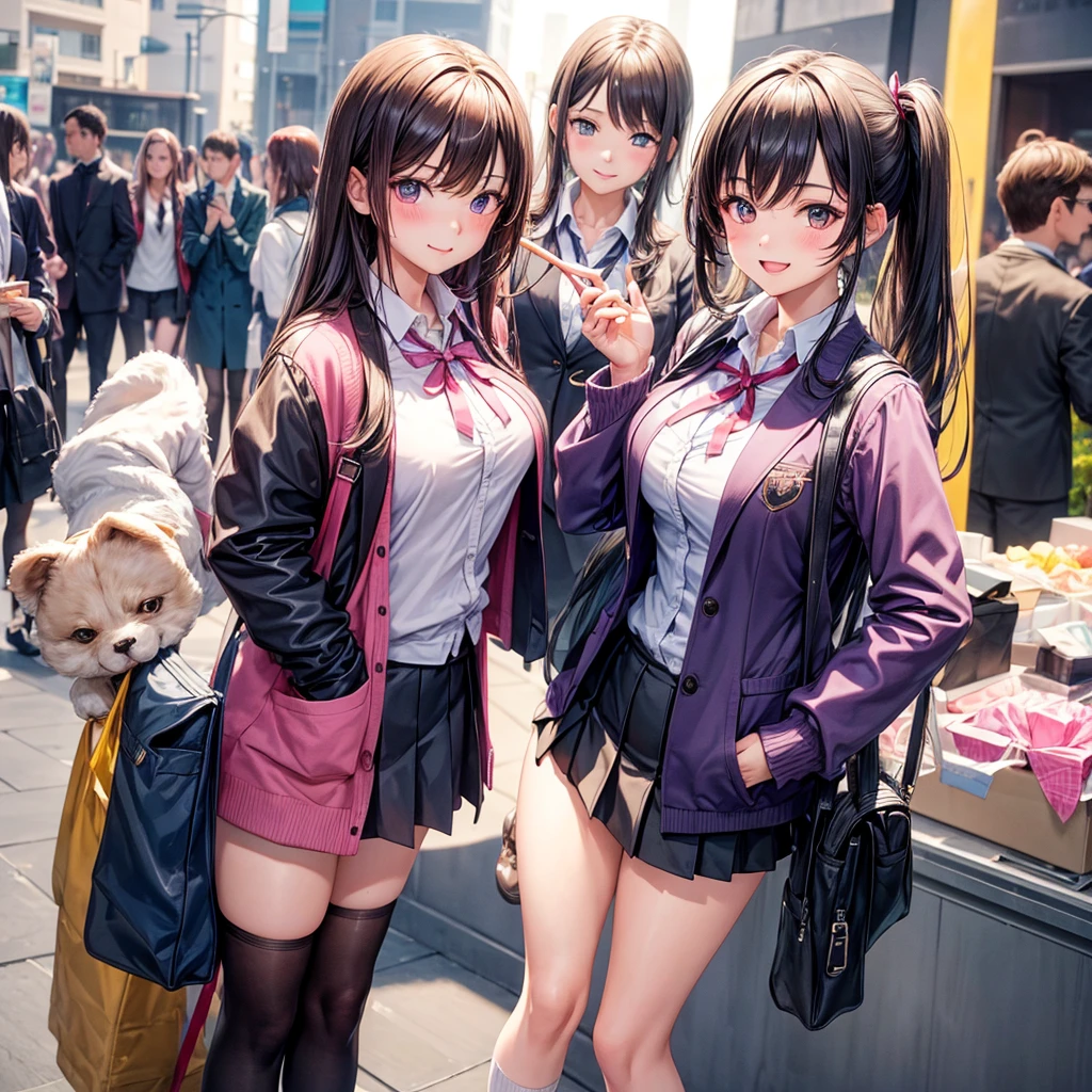 best quality,8K,smile,cardigan,Evolution Fashion,future fashion,blazer,ribbon on uniform,mini skirt,high school girl,multiple girls are depicted,harem,idol group,photo shoot,long hair,wearing a cardigan,highest quality,big breasts,happy girl,horny girl,pink eyes,perfect face,standing position,I have my hands in my pockets,letting down one's Bangs,beautiful eyes,gym,girls hugging each other,smooth hair,multicolored hair colors,naughty girl,beautiful girl,beautiful girl,loose socks