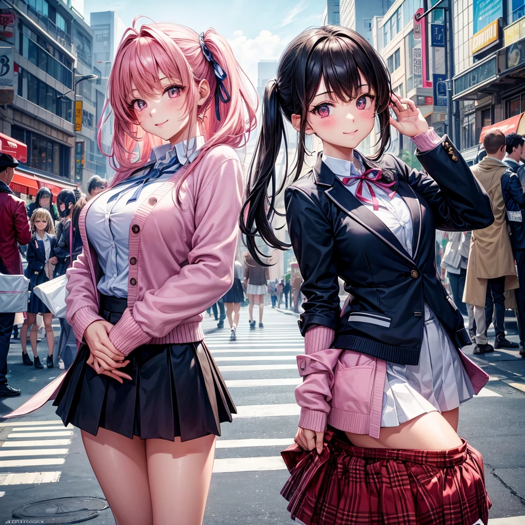 best quality，8K，smile，cardigan，Evolution Fashion，future fashion，blazer，ribbon on uniform，mini skirt，high school girl，multiple girls are depicted，harem，idol group，photo shoot，long hair，wearing a cardigan，highest quality，big breasts，happy girl,horny girl，pink eyes，perfect face，standing position，I have my hands in my pockets，letting down one&#39;s Bangs，beautiful eyes,gym,girls hugging each other,smooth hair，multicolored hair colors，naughty girl，beautiful girl，beautiful girl，loose socks