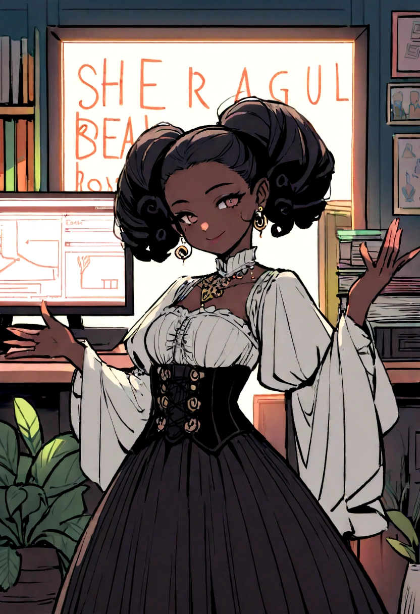 black girl with short curly, African. she’s coding at ultra large monitor. her room is cozy with lots of books and plants. she’s wearing corset outfits. She have a smiling facial expression. her ears are pierced with beautiful earrings. put a sign that says clersims. she’s beautiful, elegant and delicate.