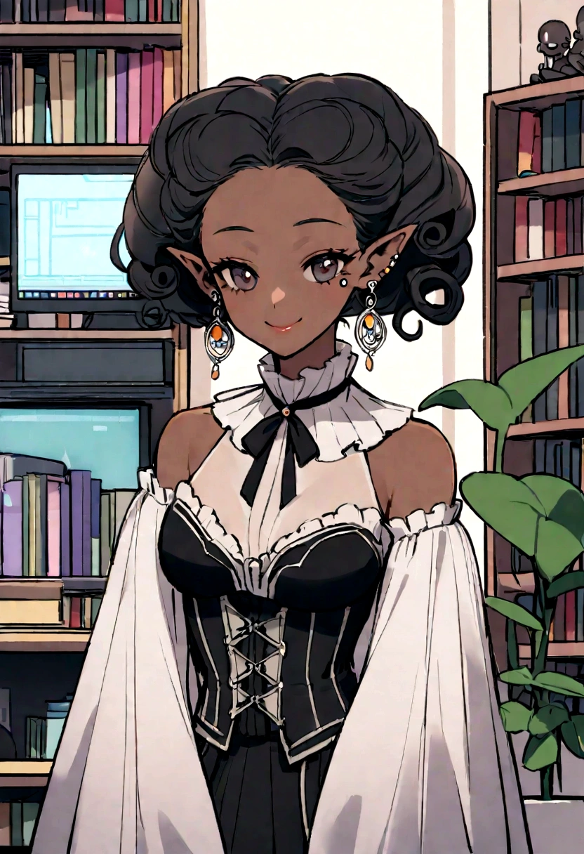 black girl with short curly, African. she’s coding at ultra large monitor. her room is cozy with lots of books and plants. she’s wearing corset outfits. She have a smiling facial expression. her ears are pierced with beautiful earrings. put a sign that says clersims. she’s beautiful, elegant and delicate.