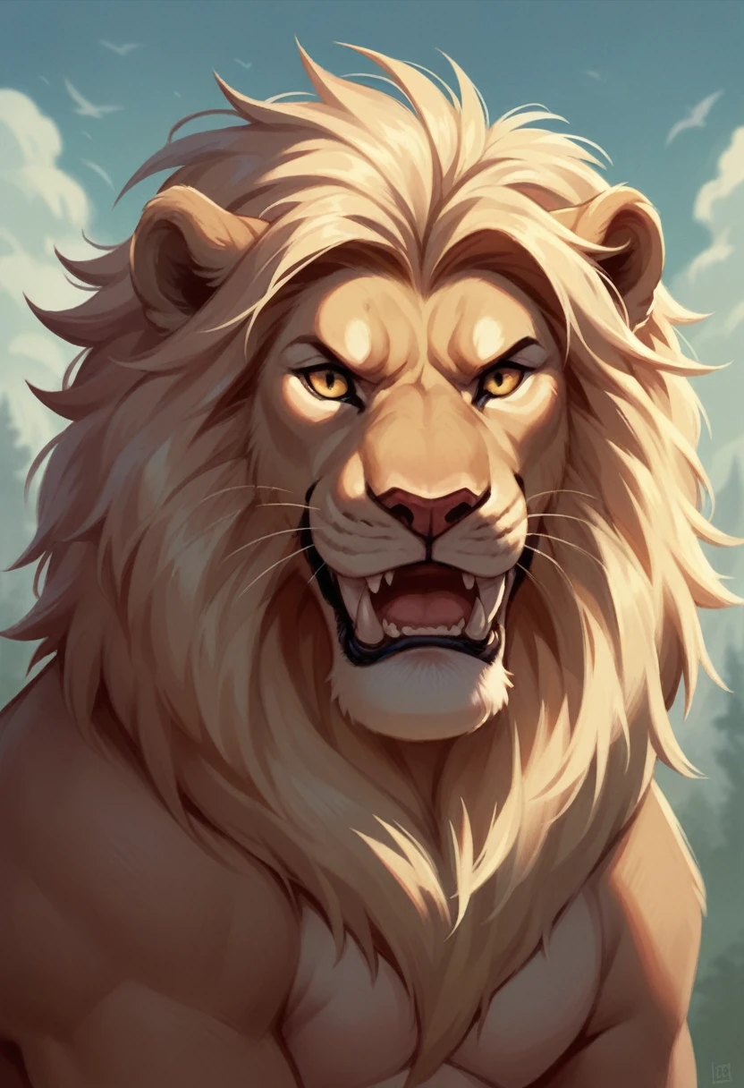 Realistic lion with big fangs