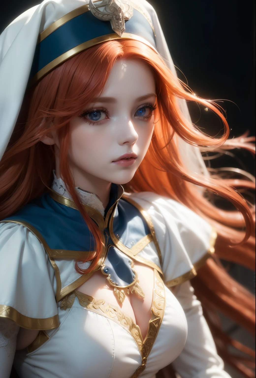 (((priestess Bloodbourne aesthetic))) ((beauty slim shape)) perfect skin, hyperrealistic masterpiece, (((in extremely complex & superdetailed white doll dress))), cinematic illumination: 8k, symmetrical eyes, realistic, sharp focus, HD, highly detailed, intricate, photography, hyperrealism, hyperrealistic, film, studio portrait, detailed, dramatic lighting, maximum definition and sharpness, (((highly detailed external glowing lighting))), (((redhead long hair)))(masterpiece), best quality, expressive eyes, perfect face