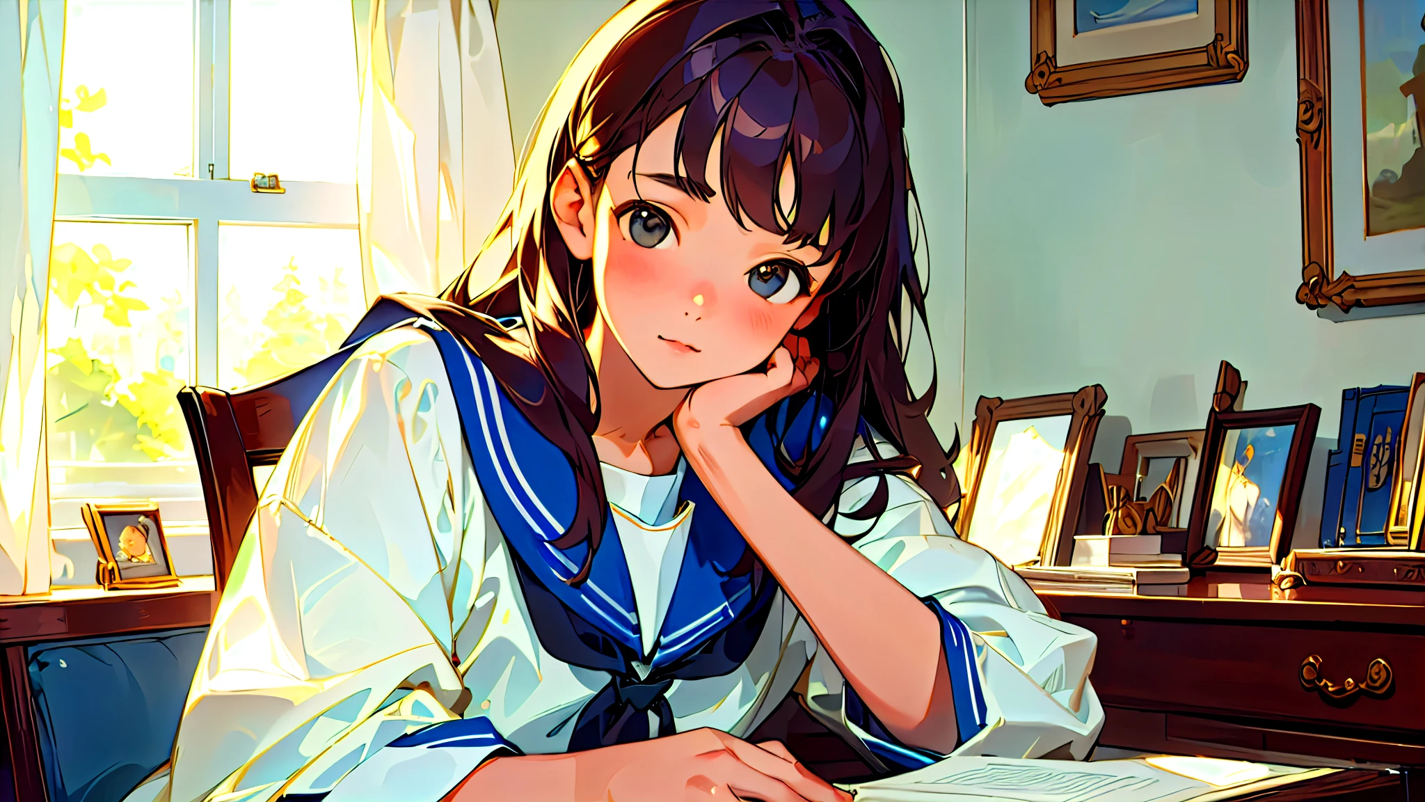(Highest quality, masterpiece, Ultra-realistic), Beautiful and delicate15Year-old girl portrait, With a calm and gentle expression, The background is a man studying hard at his desk in his bedroom at home.、Sailor suit、Bust is C cup、It's summer、The decorations are retro、Landscape、Holding a pen、I read a book
