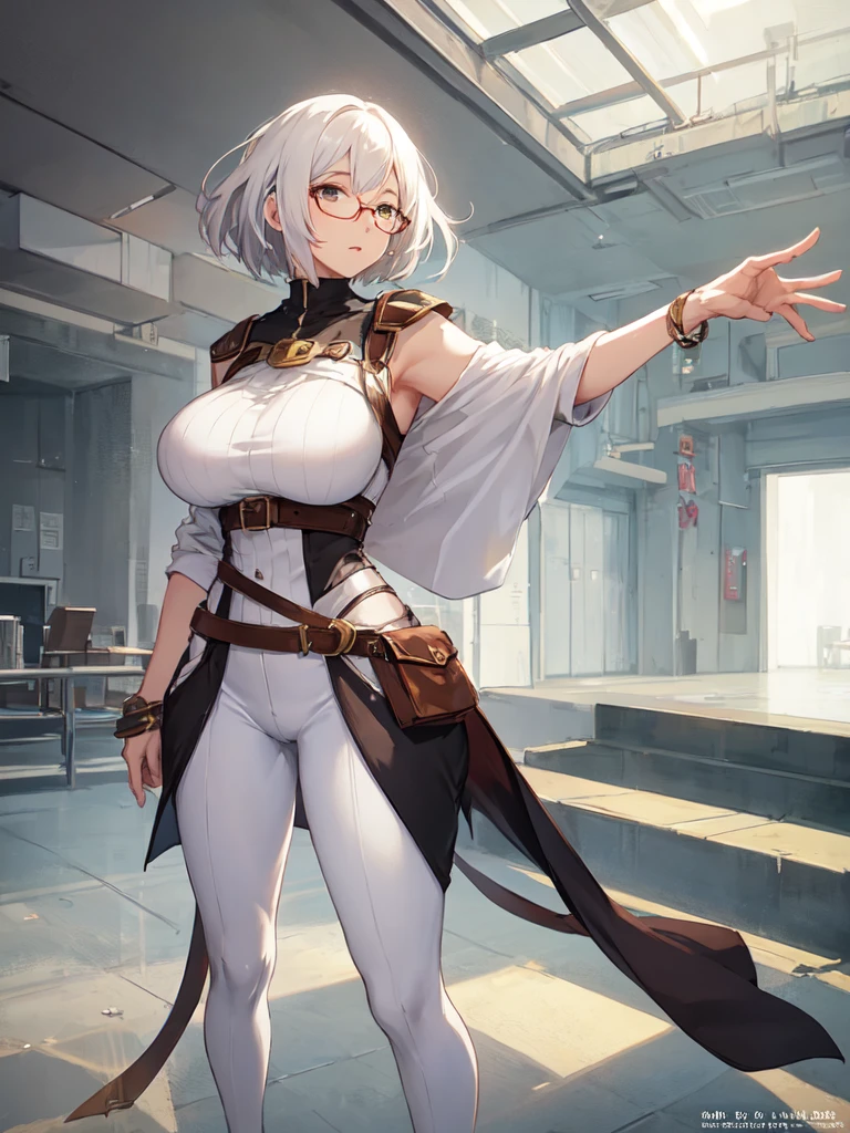 Concept art of anime character, young woman, 21 years old, white short hair, glasses, huge breasts, White shirt, brown open sweater, leggings, full length, Two poses
