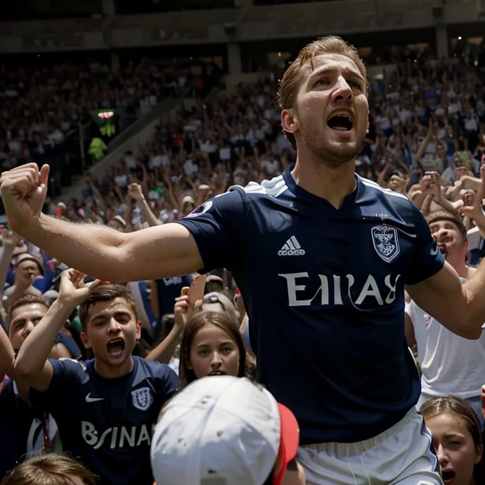 Best quality, masterpiece, 4K, photorealistic, Harry Kane and a group of young soccer fans are celebrating after he scores an impossible goal. They’re Absolute hardcore fans. That is an absolute awesome jubilation 