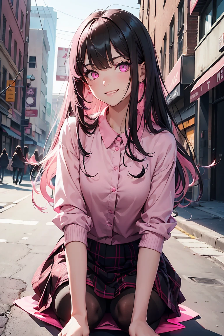 ((1 Girl)), Latest Trends in Clothing, Red Check Skirt, Black clothes ,((pantyhose)), squat, Street fashion,((Very detailed,Highest quality, High resolution, 8k wallpaper, Beautiful clothes,)),((Black Hair, Long Hair,Straight hair,Both sides up)), (teeth), Grinning face, eye shadow, eyeliner,Glowing Eyes, Very detailed目, Clear Eyes, Beautiful Eyes, ((Glowing pink eyes)), 15-year-old girl.