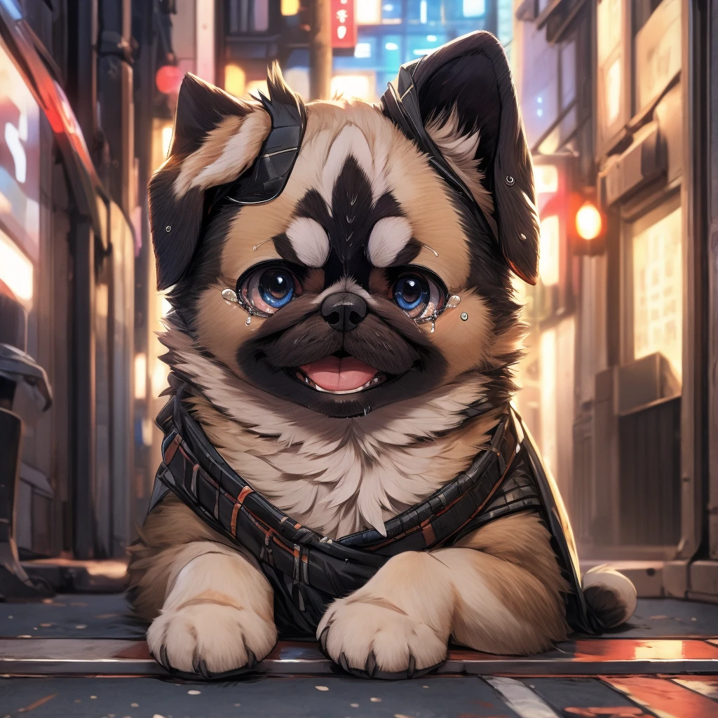 In the city、1 Pug puppy、（（（Round black fur on forehead:1.3）））、（（（Tears:3.0）））