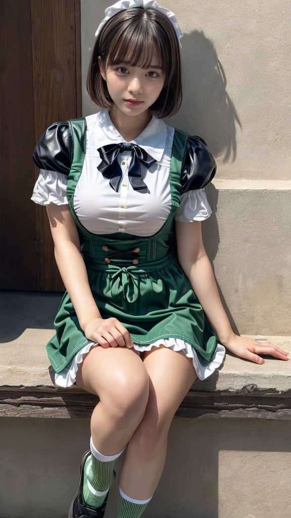 masterpiece, best quality, illustration, Super detailed, fine details, High resolution, 8K,wall paper, perfect dynamic composition, front view, knees, 18 year old girl, Gravure Idol, cute type, (Details High quality, realistic depiction of eyes:1.3), revealing clothes, short bob hair, bangs, black hair color, Dark makeup, Big Natural Color Lip, Emphasize the size of the breast, perfect body shape, plump figure, beautiful clavicle, Black leather jacket, BREAK (fusion of dirndl and short sleeve white collared-shirt with neck ribbon:1.4), ((A-line, underboobs, puff sleeves):1.3), ((deep-green Pinafore):1.3), thighs skin, (socks:1.3), (shoes:1.2)