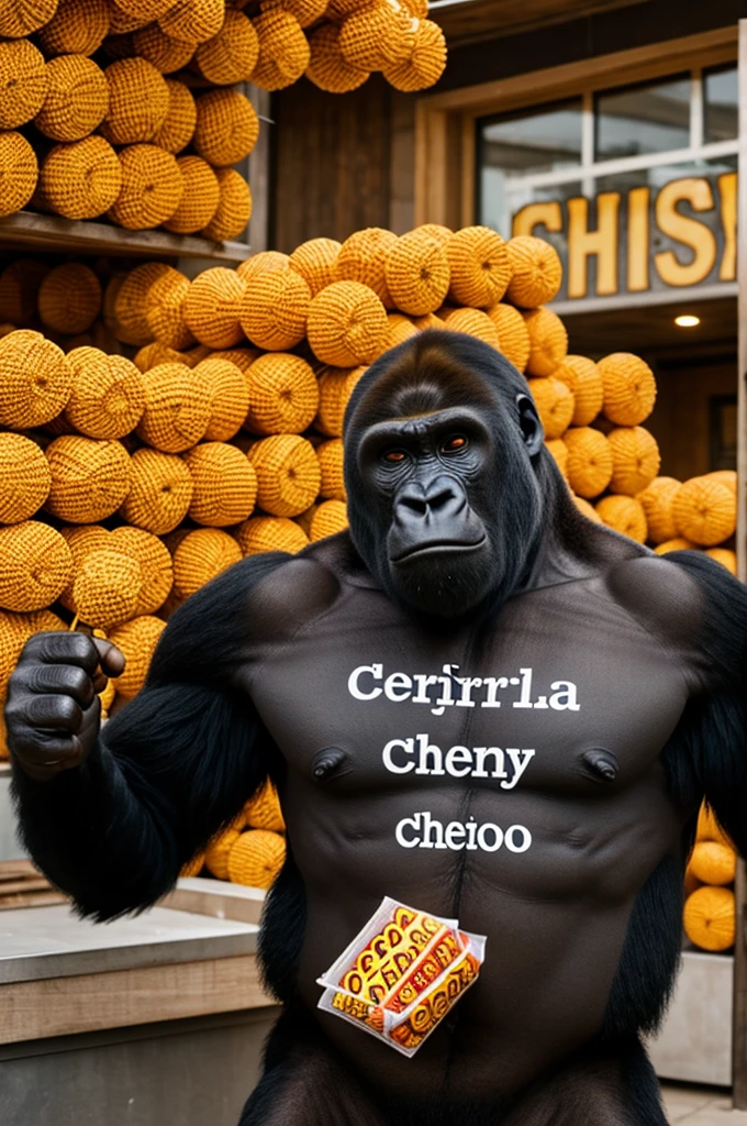 A gorilla with a shirt that says chetos