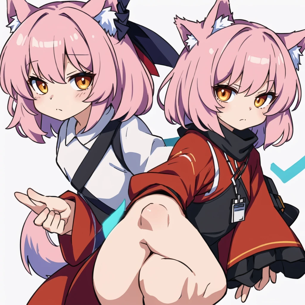 wolf girl, pozemka, arknights, pink hair, wolf ears, black and white and red dress, ((chibi)), ((white background)), twitch emote, emote, twitch,, (masterpiece:1.2, best quality:1.2), ((masterpiece)), (((best quality))), ((ultra-detailed)), ((illustration)), anatomy
