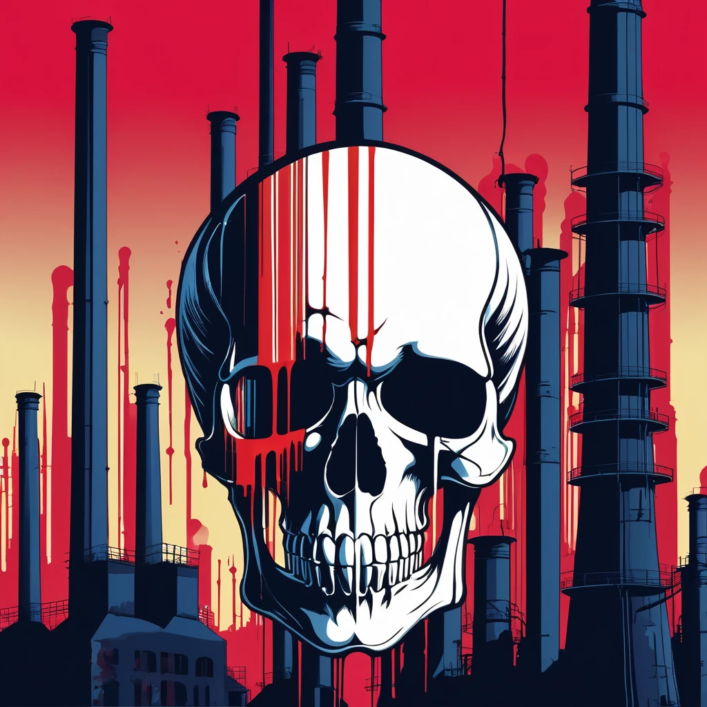 skull formed by a bleeding barcode, background factory chimneys.