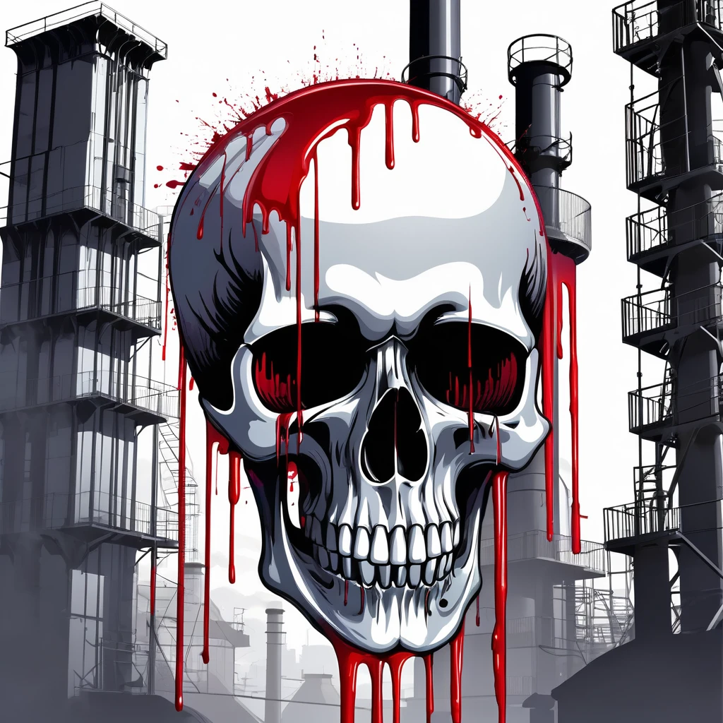 skull formed by a bleeding barcode, background factory chimneys,