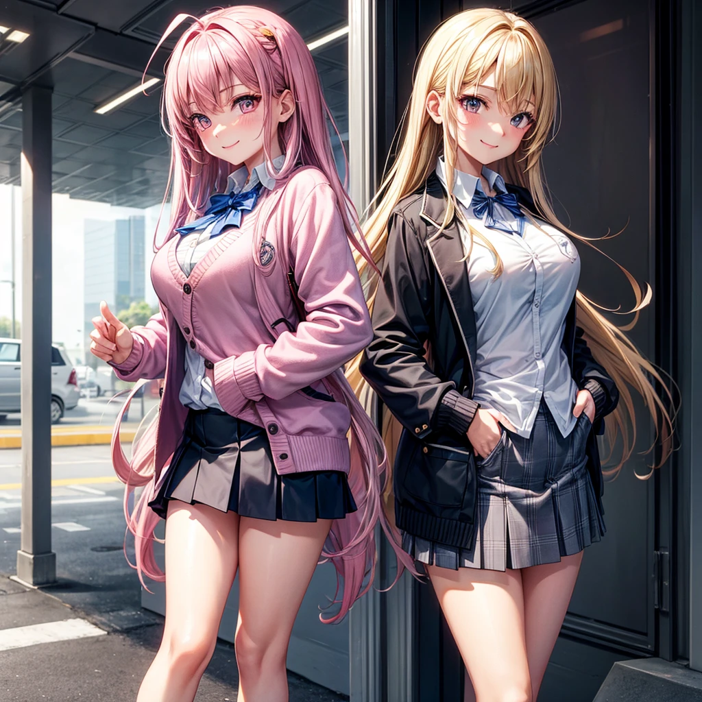 best quality,8K,smile,cardigan,Evolution Fashion,future fashion,blazer,ribbon on uniform,mini skirt,high school girl,multiple girls are depicted,harem,idol group,photo shoot,long hair,wearing a cardigan,highest quality,big breasts,happy girl,horny girl,pink eyes,perfect face,standing position,I have my hands in my pockets,letting down one's Bangs,beautiful eyes,gym,girls hugging each other,smooth hair,multicolored hair colors,naughty girl,beautiful girl,beautiful girl,loose socks