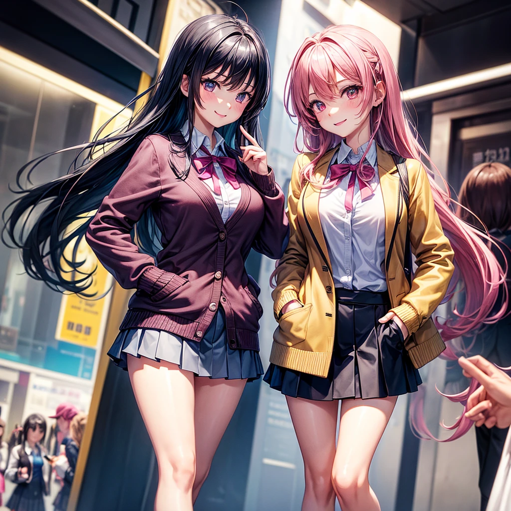 best quality,8K,smile,cardigan,Evolution Fashion,future fashion,blazer,ribbon on uniform,mini skirt,high school girl,multiple girls are depicted,harem,idol group,photo shoot,long hair,wearing a cardigan,highest quality,big breasts,happy girl,horny girl,pink eyes,perfect face,standing position,I have my hands in my pockets,letting down one's Bangs,beautiful eyes,gym,girls hugging each other,smooth hair,multicolored hair colors,naughty girl,beautiful girl,beautiful girl,loose socks