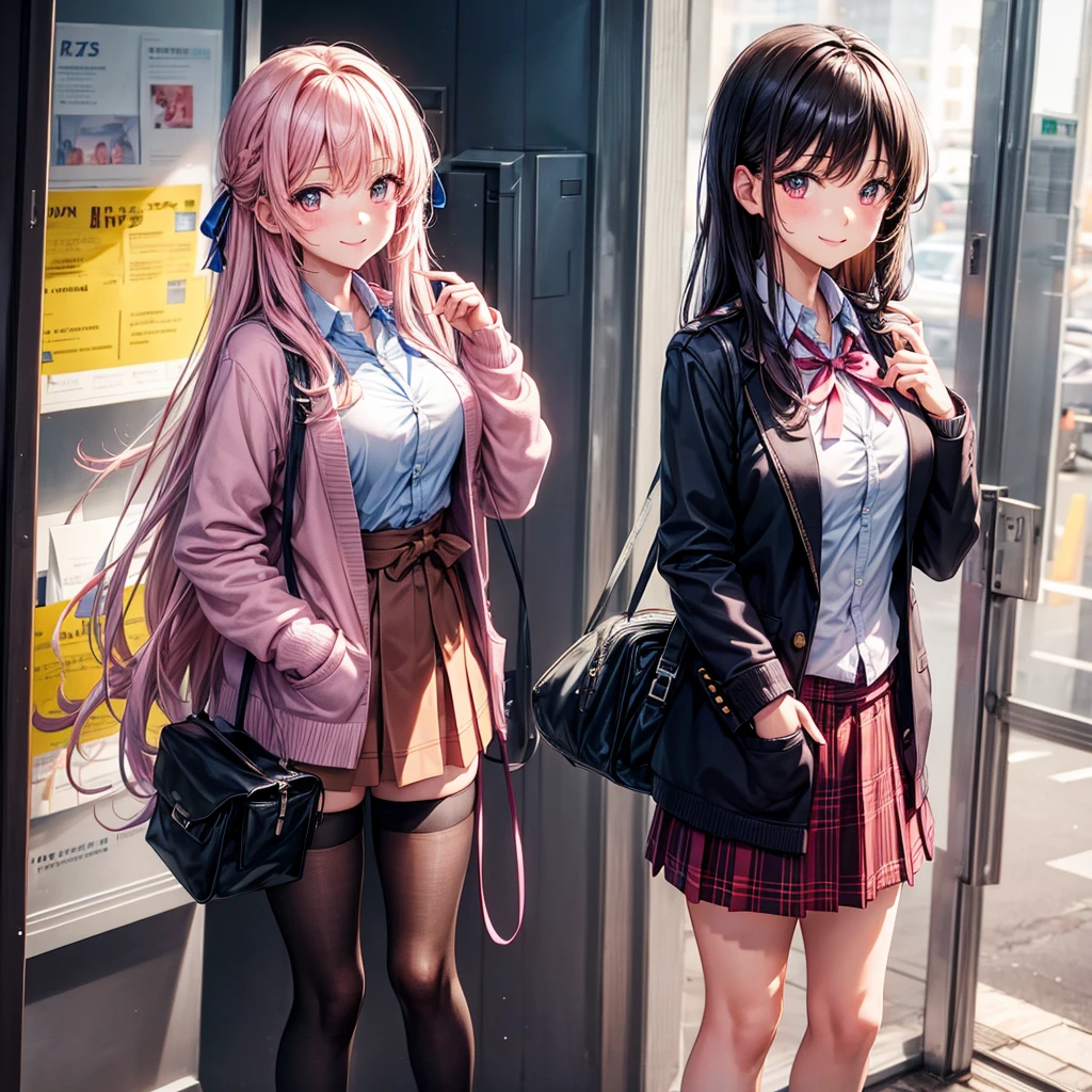 best quality,8K,smile,cardigan,Evolution Fashion,future fashion,blazer,ribbon on uniform,mini skirt,high school girl,multiple girls are depicted,harem,idol group,photo shoot,long hair,wearing a cardigan,highest quality,big breasts,happy girl,horny girl,pink eyes,perfect face,standing position,I have my hands in my pockets,letting down one's Bangs,beautiful eyes,gym,girls hugging each other,smooth hair,multicolored hair colors,naughty girl,beautiful girl,beautiful girl,loose socks