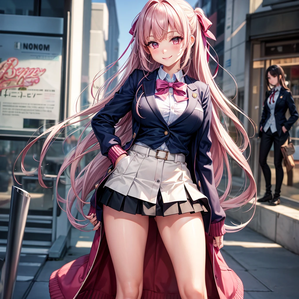 best quality,8K,smile,cardigan,Evolution Fashion,future fashion,blazer,ribbon on uniform,mini skirt,high school girl,multiple girls are depicted,harem,idol group,photo shoot,long hair,wearing a cardigan,highest quality,big breasts,happy girl,horny girl,pink eyes,perfect face,standing position,I have my hands in my pockets,letting down one's Bangs,beautiful eyes,gym,girls hugging each other,smooth hair,multicolored hair colors,naughty girl,beautiful girl,beautiful girl,loose socks
