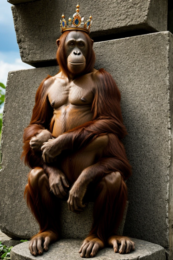 An orangutan wearing a crown and sitting on a stone throne