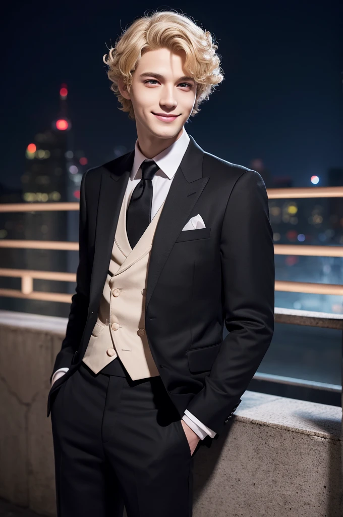 masterpiece, best quality, high quality, detailed, ultra detailed, beautiful, man, male, evil smiling, standing, looking at viewer, short hair, blonde, red eyes, pale skin, tall, athletic, suit, black background, outside, beautiful, anime, moonlight, curly
