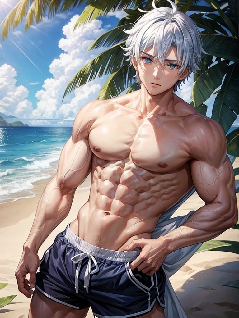 Anime guy about , shirtless, with blue eyes and white hair, muscular, 6 pack abs, with white shorts, on the beach  