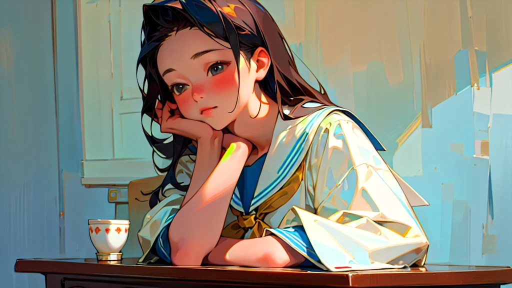 (Highest quality, masterpiece, Ultra-realistic), Beautiful and delicate１５Year-old girl portrait, With a calm and gentle expression, The background is a man studying hard at his desk in his bedroom at home.、Sailor suit、Bust is D cup、It&#39;s summer、The decorations are retro、Landscape、Holding a pen、I read a book、Glamour