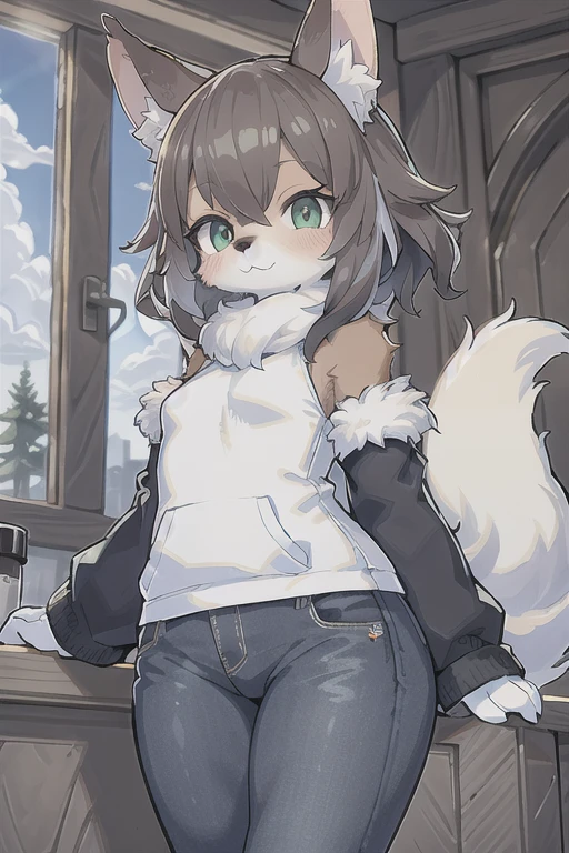 anthro female dog,short jeans, Curly hair,eyes with brightness,in a panoramic view,focal point。Detailed background enhancement(0.7),solo,Furry fortification,Furry female,female focus,anthr,Fluffy tail all over,eGreen eyes,dark Brown-fur, fluffy fur,The fur has Black stripes on it,Small and cute strengthened,Long canids strengthened(1.2),interiors、the night、pays(1.1)。