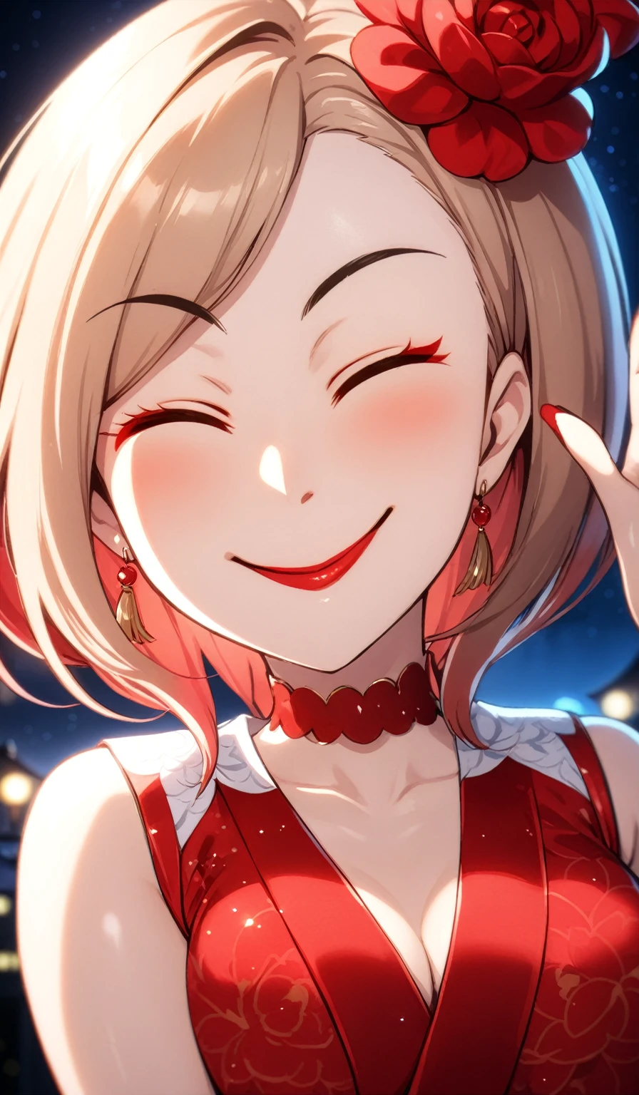 ((One personの女性)), Beautiful Face, ((恥ずかしそうにsmile)), (smile),((Wink:2.0)),((Waving to the audience:1.3)), (Tilt your head:1.3), 口を大きく開けてsmile,((Bright red cheeks:1.4)),Shiny red lips,night,横浜みなとみらいのnight景, firework,口を開けてsmile,Glossy pink lips,Facial Lighting,((Anime style background)),masterpiece, Highest quality, so beautiful,Latest, Complex details, (Four fingers and a thumb), (Pink long nails),(ring),(Colorful Bracelets),(choker),AI-generated, Complex,High resolution, Highest quality, super high quality,3D Images、3D Images,One person,Long blonde hair,High Ponytail,(Turquoise Eyes),Anime woman posing for a photo, ((fine grain、Colorful eyes、Shining Eyes:1.3)),(Squint your eyes:1.1),a hyperRealistic , hyperRealistic , Realistic,Anime woman with long white hair, Smooth anime CG art, A woman in a colorful kimono with gold embroidery, (Pink long-sleeved kimono),Red floral pattern,Long flower hair ornament,Earrings,Mature Body,(Big Breasts:1.1),expensive,Abdominal muscles,Tight waist,(Zoom up to face:1.5,(underboob),