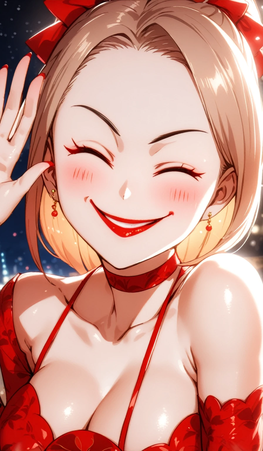 ((One personの女性)), Beautiful Face, ((恥ずかしそうにsmile)), (smile),((Wink:2.0)),((Waving to the audience:1.3)), (Tilt your head:1.3), 口を大きく開けてsmile,((Bright red cheeks:1.4)),Shiny red lips,night,横浜みなとみらいのnight景, firework,口を開けてsmile,Glossy pink lips,Facial Lighting,((Anime style background)),masterpiece, Highest quality, so beautiful,Latest, Complex details, (Four fingers and a thumb), (Pink long nails),(ring),(Colorful Bracelets),(choker),AI-generated, Complex,High resolution, Highest quality, super high quality,3D Images、3D Images,One person,Long blonde hair,High Ponytail,(Turquoise Eyes),Anime woman posing for a photo, ((fine grain、Colorful eyes、Shining Eyes:1.3)),(Squint your eyes:1.1),a hyperRealistic , hyperRealistic , Realistic,Anime woman with long white hair, Smooth anime CG art, A woman in a colorful kimono with gold embroidery, (Pink long-sleeved kimono),Red floral pattern,Long flower hair ornament,Earrings,Mature Body,(Big Breasts:1.1),expensive,Abdominal muscles,Tight waist,(Zoom up to face:1.5,(underboob),