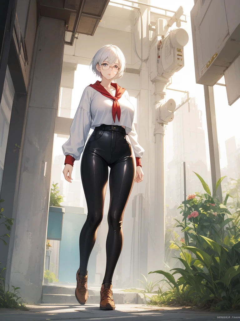 Concept art of anime character, young woman, 21 years old, white short hair, glasses, huge breasts, white fashion shirt, brown open sweater, leggings, full body, two poses