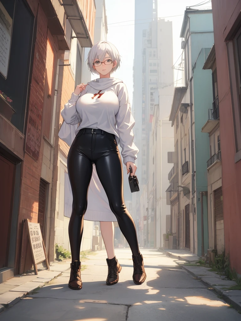 Concept art of anime character, young woman, 21 years old, white short hair, glasses, huge breasts, white fashion shirt, brown open sweater, leggings, full body, two poses