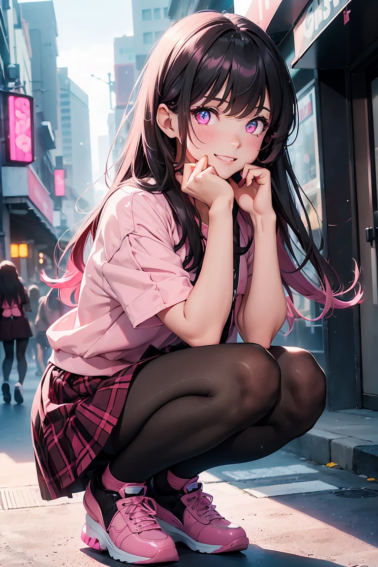 ((1 Girl)), Latest Trends in Clothing, Red Check Skirt, Black clothes ,((pantyhose)), squat, Street fashion,((Very detailed,Highest quality, High resolution, 8k wallpaper, Beautiful clothes,)),((Black Hair, Long Hair,Straight hair,Both sides up)), (teeth), Grinning face, eye shadow, eyeliner,Glowing Eyes, Very detailed目, Clear Eyes, Beautiful Eyes, ((Glowing pink eyes)), -yeld gi