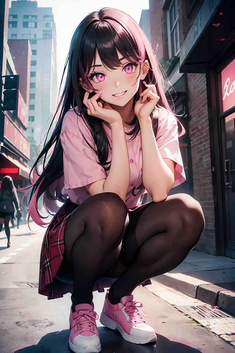 ((1 Girl)), Latest Trends in Clothing, Red Check Skirt, Black clothes ,((pantyhose)), squat, Street fashion,((Very detailed,Highest quality, High resolution, 8k wallpaper, Beautiful clothes,)),((Black Hair, Long Hair,Straight hair,Both sides up)), (teeth), Grinning face, eye shadow, eyeliner,Glowing Eyes, Very detailed目, Clear Eyes, Beautiful Eyes, ((Glowing pink eyes)), .