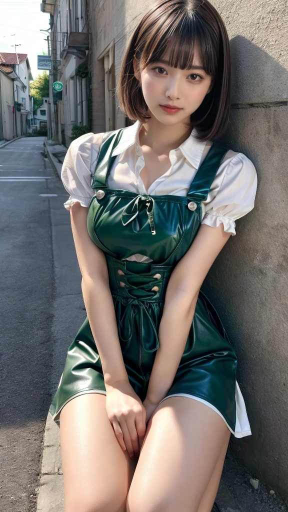 masterpiece, best quality, illustration, Super detailed, fine details, High resolution, 8K,wall paper, perfect dynamic composition, front view, knees, 18 year old girl, Gravure Idol, cute type, (Details High quality, realistic depiction of eyes:1.3), revealing clothes, short bob hair, bangs, black hair color, Dark makeup, Big Natural Color Lip, Emphasize the size of the breast, perfect body shape, plump figure, beautiful clavicle, Black leather jacket, BREAK (fusion of dirndl and short sleeve white collared-shirt with neck ribbon:1.4), ((A-line, underboobs, puff sleeves):1.3), ((deep-green Pinafore):1.3), thighs skin, (socks:1.3), (shoes:1.2)