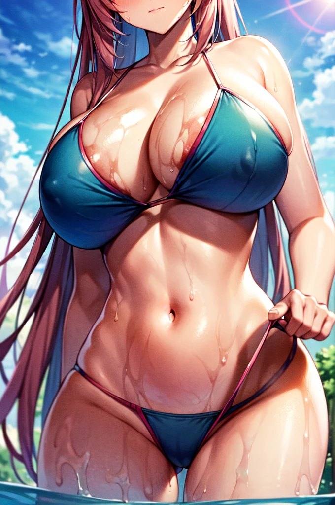 Masterpiece, best quality, 1girl, (huge breasts), bare shoulders, pink hair, blue eyes, wet, pools, ((close up)), covered nipple, from below, looking at viewer, (leaning forward), outdoors, blue sky, lens flare, day, red micro bikini, beautiful skin, navel, long hair, ass