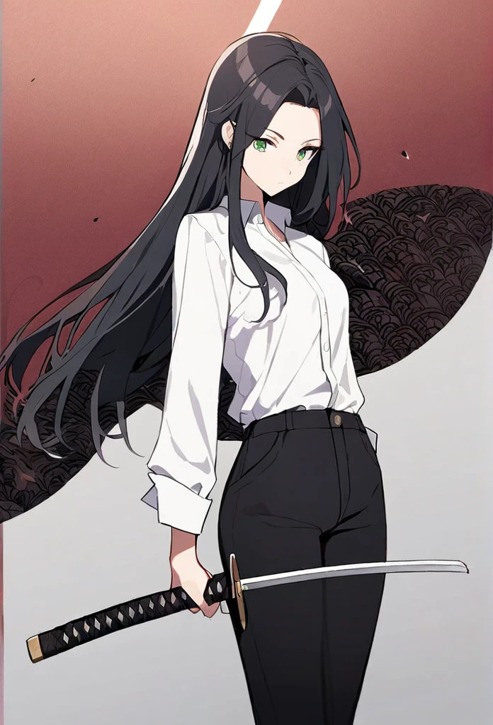 woman, black hair, long hair, open forehead, no bangs, green eyes, white button-down shirt, black pants, katana