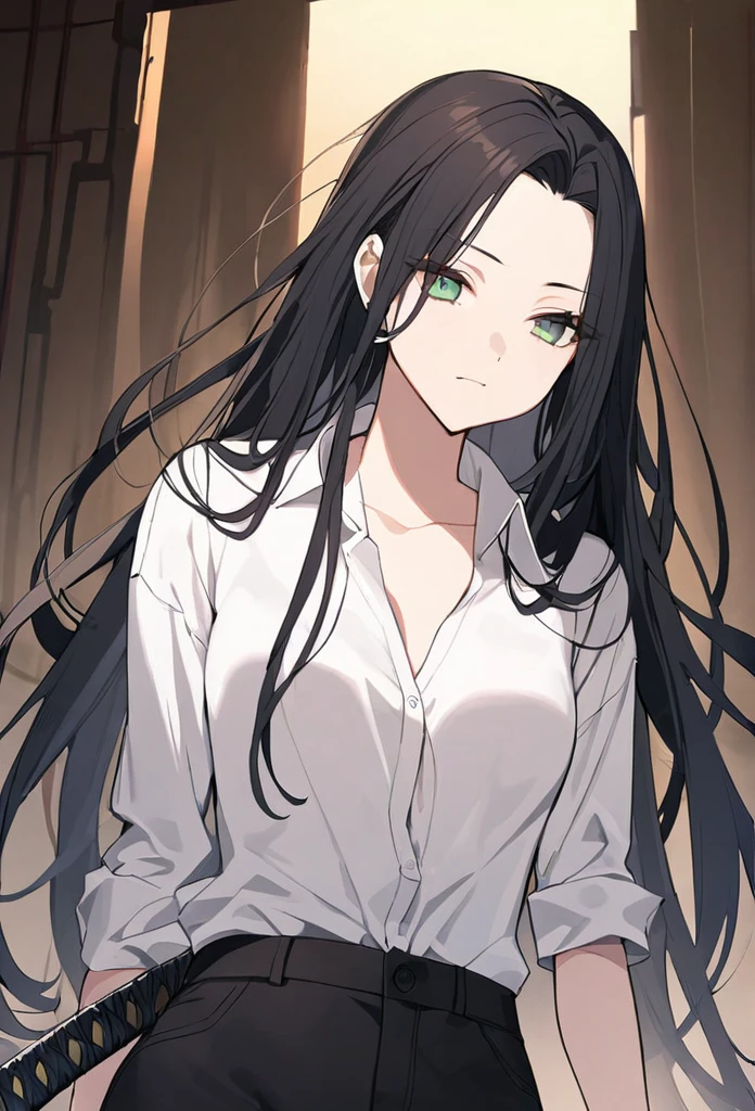 woman, black hair, long hair, open forehead, no bangs, green eyes, white button-down shirt, black pants, katana