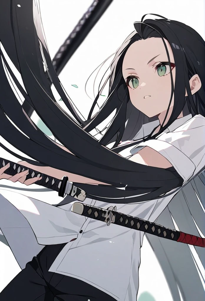 woman, black hair, long hair, open forehead, no bangs, green eyes, white button-down shirt, black pants, katana
