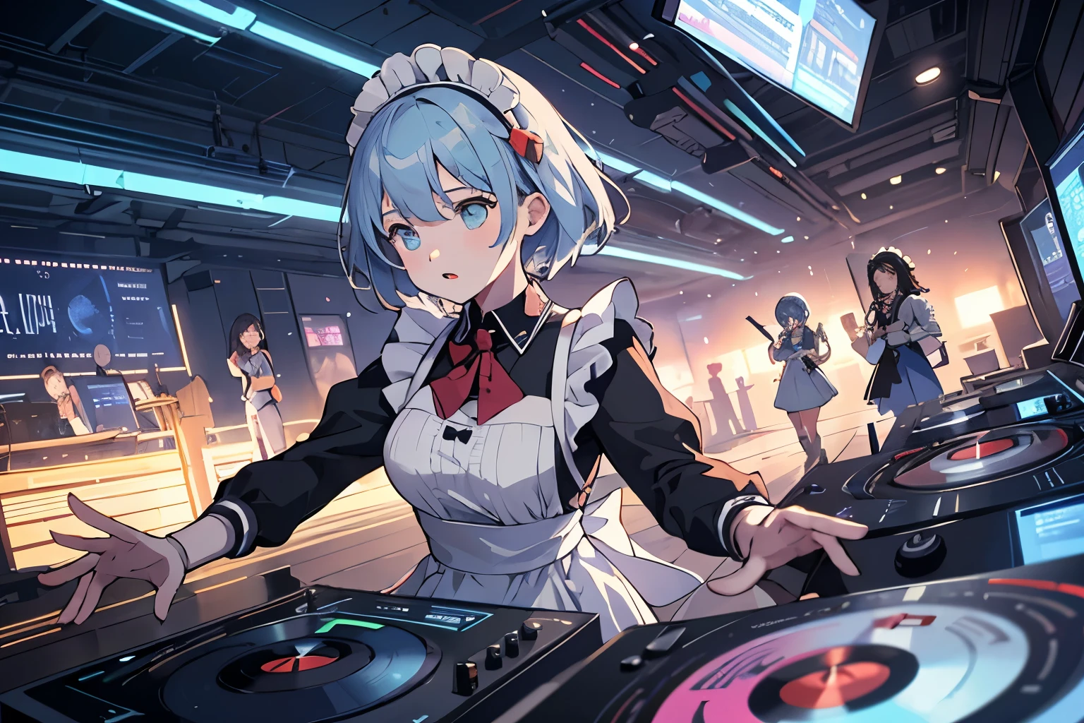 Multiple girls DJ,Light blue maid outfit,Alice, Turntable, god々New scratch work, Techno Hardcore Style, Inhuman sense of rhythm, Transitioning to Subspace, Future Ultra-Advanced Technology Club, Outdoor, masterpiece, super high quality, High Resolution, Dutch Angle, Spectacular Background,