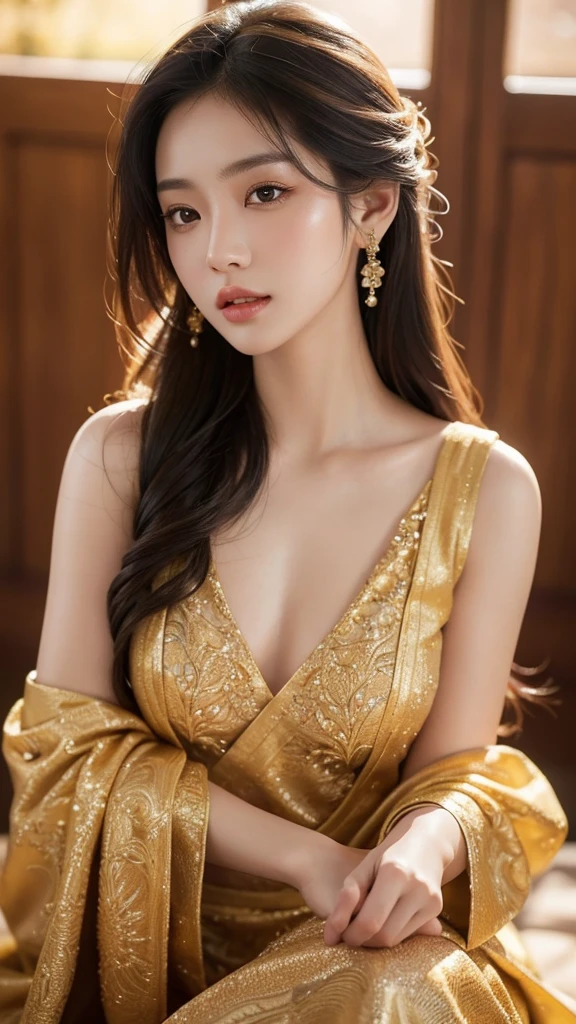 a sensual asian girl, beautiful detailed eyes, beautiful detailed lips, extremely detailed face and skin, long eyelashes, elegant hairstyle, graceful pose, intricate detailed background, warm lighting, golden hour, cinematic lighting, dramatic colors, vibrant colors, photoreal, 8k, high quality, masterpiece, digital painting, concept art