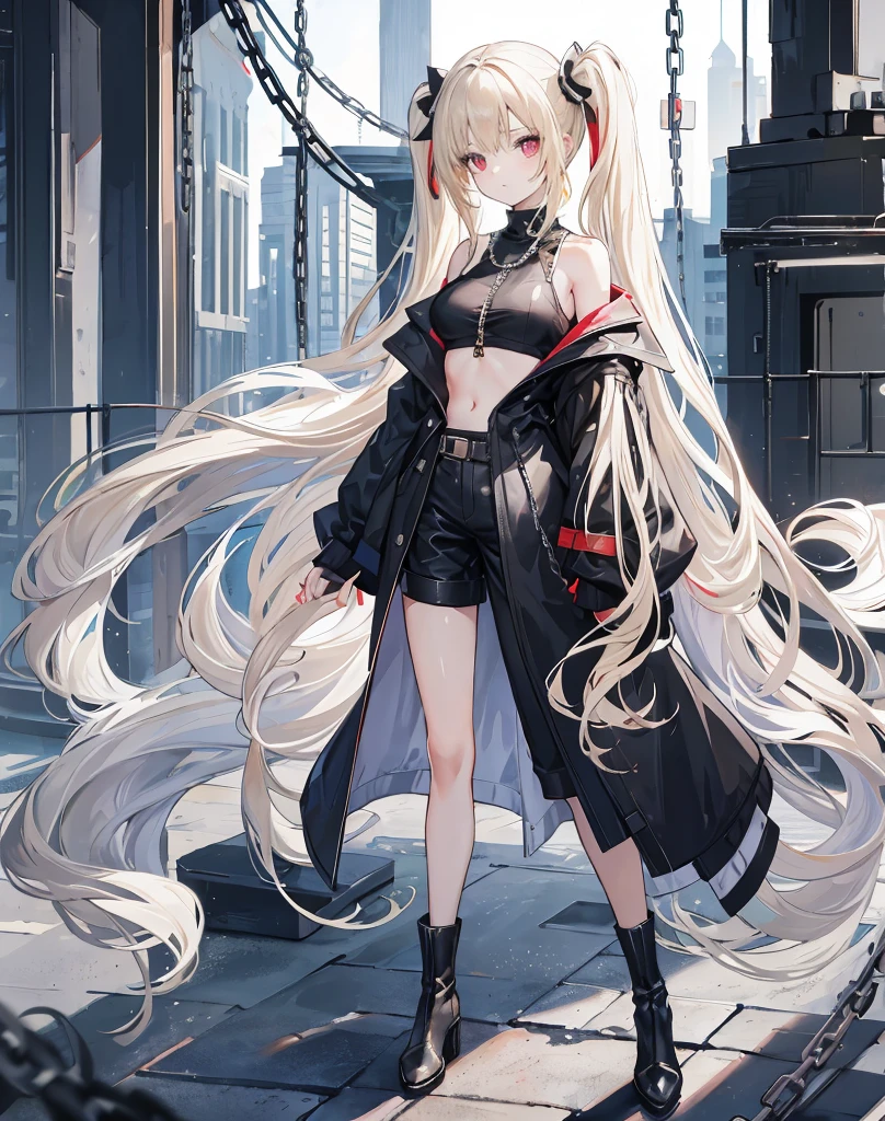 Twin tails,Hair colorbeige,Eyes red,((Voluminous Hair 1.8,Hair is clear 1.6)), Hair that falls over the shoulders, Very long hair, Shiny Hair,Beautiful girl,Black clothing,Belly button exposed,big black long coat,Black shorts,Black long boots,Perfect body,Tall and tall,Thinness,on simple background,Background white,(round, Medium Large, Firm breasts),Standing on a stone,chain,(Long legs,Long legs,Long legs,Perfect leg shape),Full body photo。