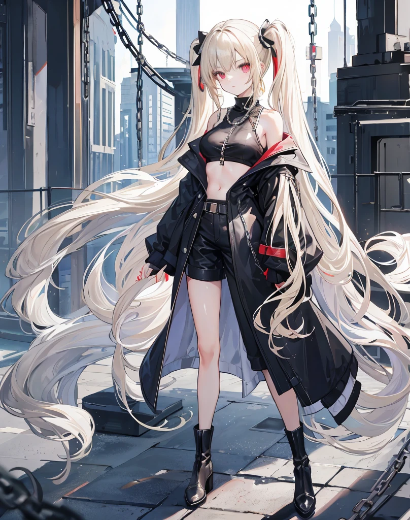 Twin tails,Hair colorbeige,Eyes red,((Voluminous Hair 1.8,Hair is clear 1.6)), Hair that falls over the shoulders, Very long hair, Shiny Hair,Beautiful girl,Black clothing,Belly button exposed,big black long coat,Black shorts,Black long boots,Perfect body,Tall and tall,Thinness,on simple background,Background white,(round, Medium Large, Firm breasts),Standing on a stone,chain,(Long legs,Long legs,Long legs,Perfect leg shape),Full body photo。