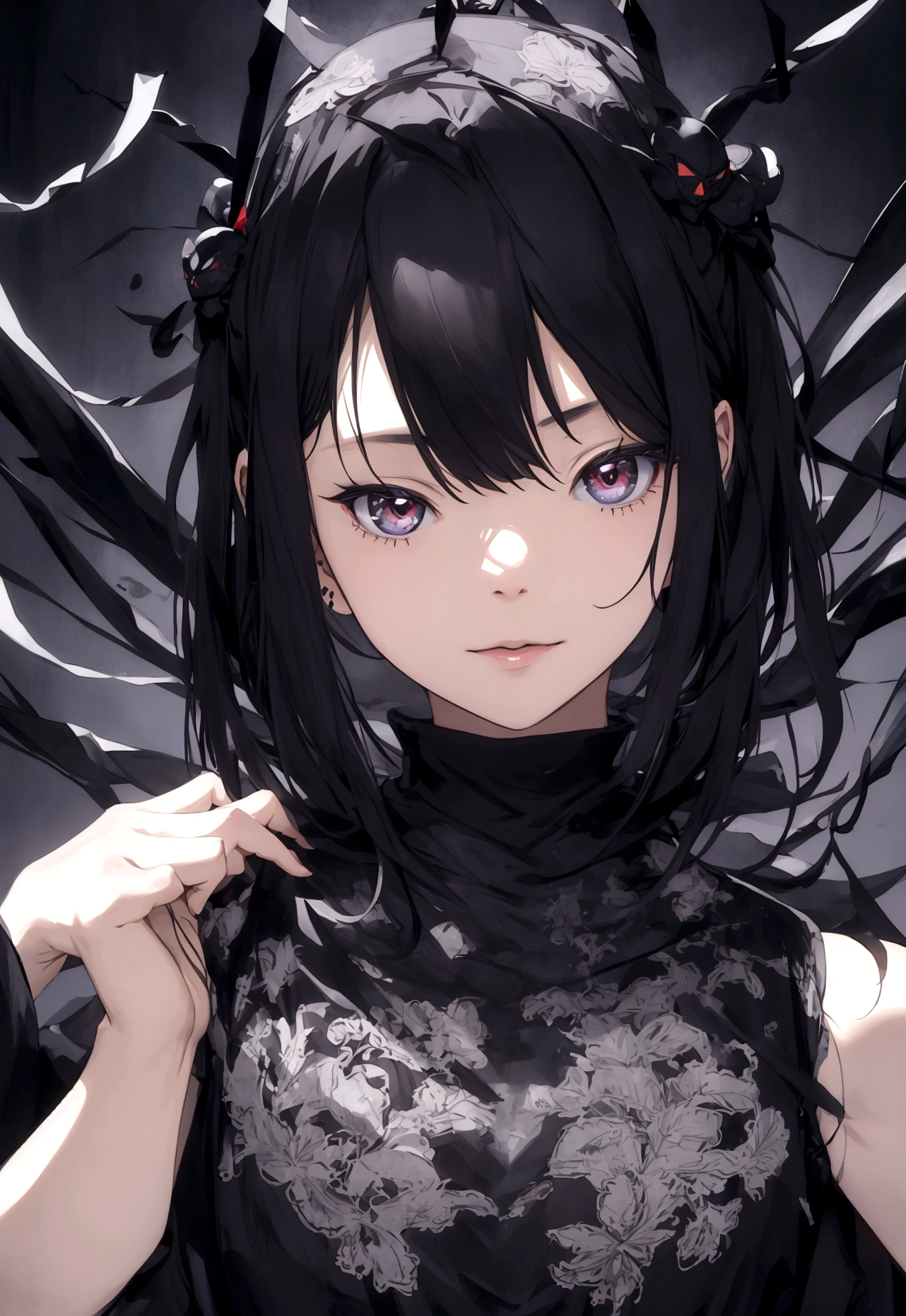 Black spider with a human face。Depict the whole body