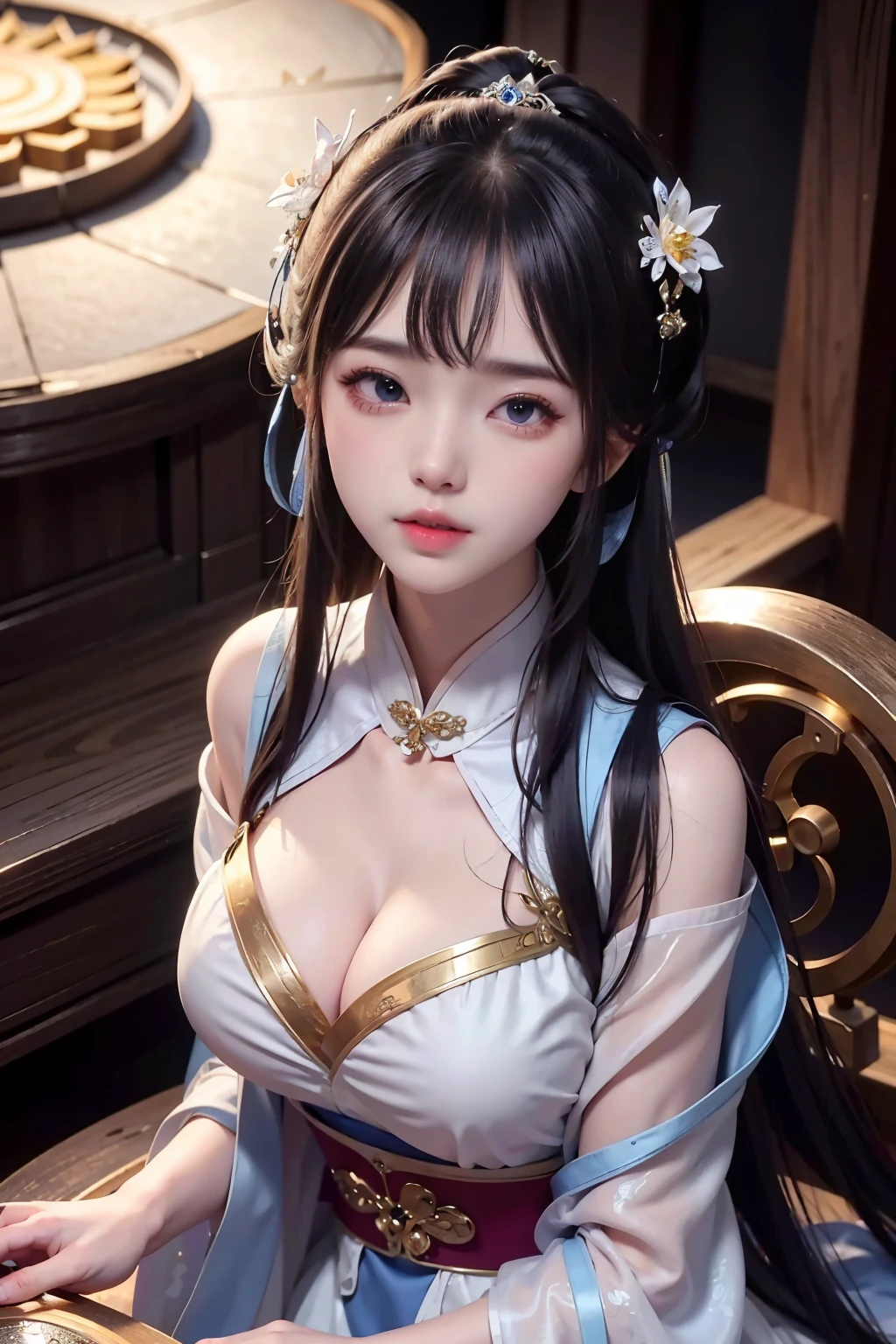 a princess 8 yeald old cute Hanfu  dynasty open V-chested clothes royal, All pictures, Wet body of thin silk fabric, Thin silk lace petticoat,princess 8 yeald old cute, (huge ，cleavage),petticoat, white pink, blue ，best qualtiy，tmasterpiece，Ultra-high resolution，（Reality：1.4），RAW photogr，（True skin texture：1.3），（filmgrain：1.3），（Selfie angle），1个Giant Breast Girl，Beautiful eye and face details，tmasterpiece，Best quality at best，exposing thighs，Bigchest，The chest is more exposed， detailed hair，above looking down facing at camera,short dressPrincess Eyes,Super big eyes,Detailed face,shiny pupils, dress pink (a garden,moon palace,Chang'e,mooncakes)