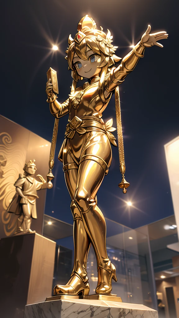 一个男孩的Gold statue旁边停着一只燕子。王子的Gold statue，Prince style，Prince costume，Court dress，Gold statue，男孩的Gold statue，带着黄金冠冕的Gold statue，脚边停着一只燕子的Gold statue，Golden Boy Statue，Gold statue，cute男孩，British style，Victorian style，crown，crown，Golden Boy Sculpture，Golden Boy Statue，Gold statue，佩剑的Gold statue，腰带上挂着配剑的Gold statue，cute男孩，cute，cute，cute，cute，shota，cute男孩，cute男孩，Moe，Giant golden statue，Giant golden statue，Outdoor Background，Smiling statue，Close-up above the waist镜头，Close-up above the waist