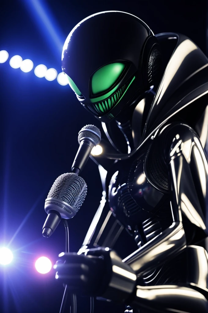 Alien holding a microphone singing