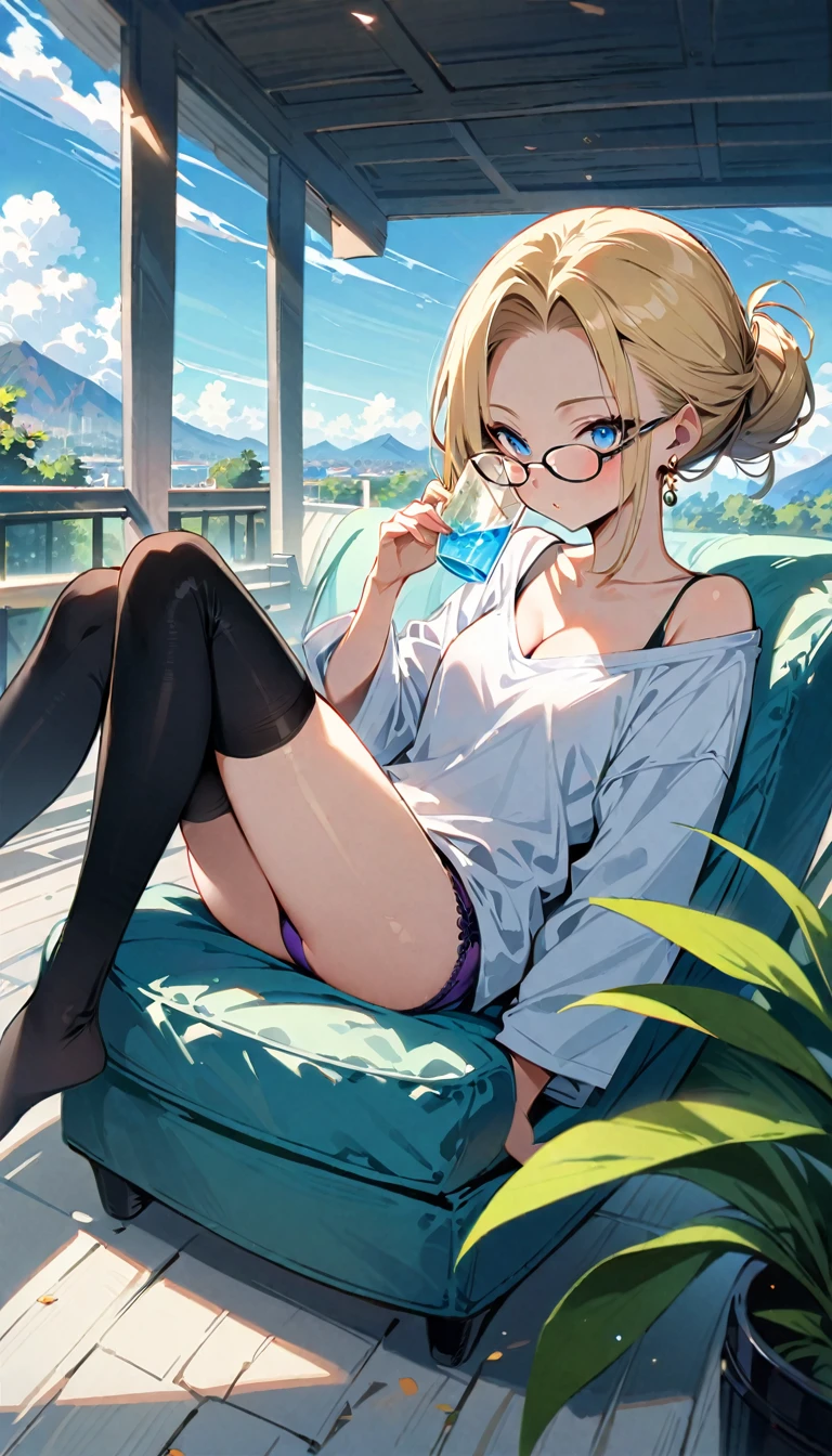 (masterpiece, best quality:1.2), full body, solo, Android 18 from Dragon Ball, ((light gray oversized T-shirt, long sleeve, black thin thigh highs, knees up, beautiful butt, purple panties)), small breasts, blonde hair, (single hair bun), ((blue eyes)), (wearing glasses), earrings on earlobes, slender feminine figure, skinny body, (drinking a glass of water), cleavage, light blush, chill, organized, simple, white-based interior, a few plants, cloudy sky, terrace, magnificent view, blur background, 4K, on the cute chair, (pale blue chair), 