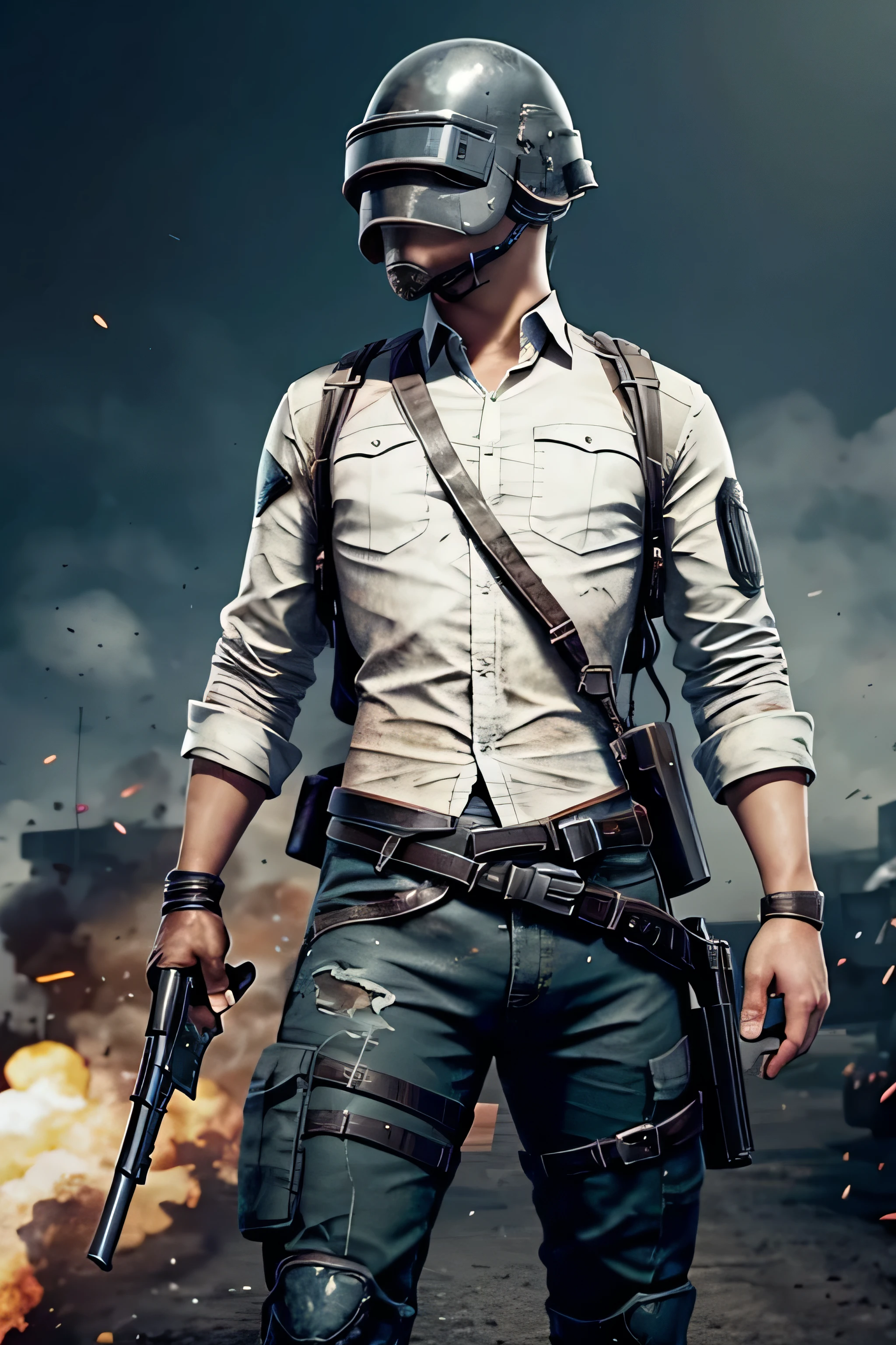 Battle-Hardened Boy in BGMI (PubG) Game Character, Engaged in Battle:
This detail-oriented illustration showcases a youthful, battle-ready character within the BGMI (PubG) game world. He's positioned at the tree level, armed with a helmet, a white shirt, a Jinsh coat, black boots, and even a touch of tactical camouflage paint. His attire is carefully designed with numerous pockets, belts, and gadgets hanging, hinting at his preparedness for any situation. A sense of action is captured as he focuses intently on his battle, his eyes gleaming with determination. The background vividly portrays a lush