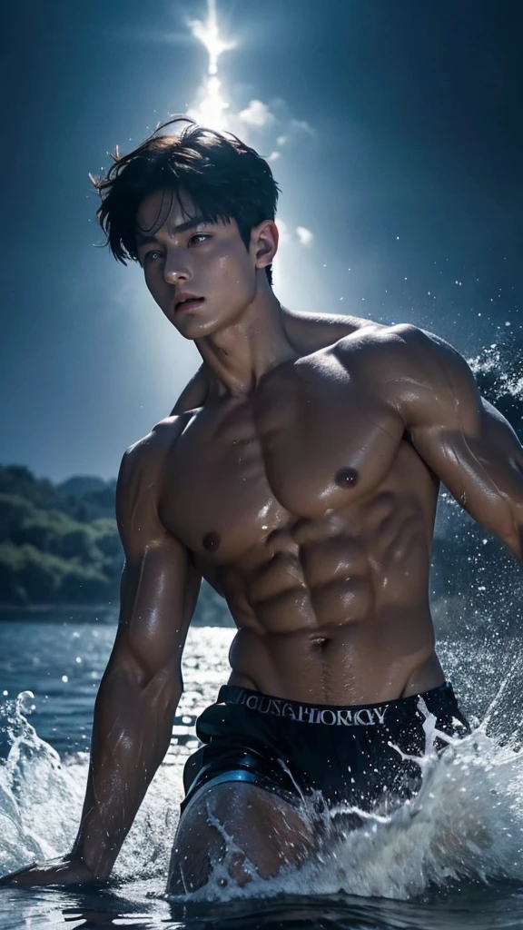 Jungkook, a shirtless athletic man running on a lake, dramatic cinematic lighting, moody color palette, vogue magazine cover concept, detailed musculature, water splashing, photorealistic,chiaroscuro,dramatic shadows,vibrant colors,high contrast,dynamic pose,glossy skin,sculpted abs,wet hair,striking gaze,powerful movement