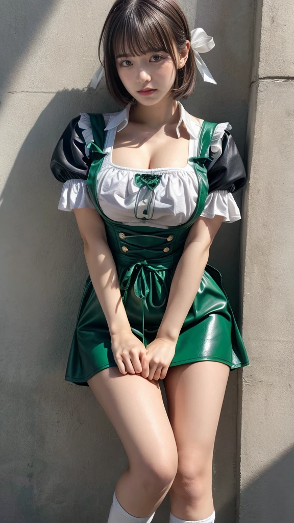 masterpiece, best quality, illustration, Super detailed, fine details, High resolution, 8K,wall paper, perfect dynamic composition, front view, knees, 18 year old girl, Gravure Idol, cute type, (Details High quality, realistic depiction of eyes:1.3), revealing clothes, short bob hair, bangs, black hair color, Dark makeup, Big Natural Color Lip, Emphasize the size of the breast, perfect body shape, plump figure, beautiful clavicle, Black leather jacket, BREAK (fusion of dirndl and short sleeve white collared-shirt with neck ribbon:1.4), ((A-line, underboobs, puff sleeves):1.3), ((deep-green Pinafore):1.3), thighs skin, (socks:1.3), (shoes:1.2), Restaurant
