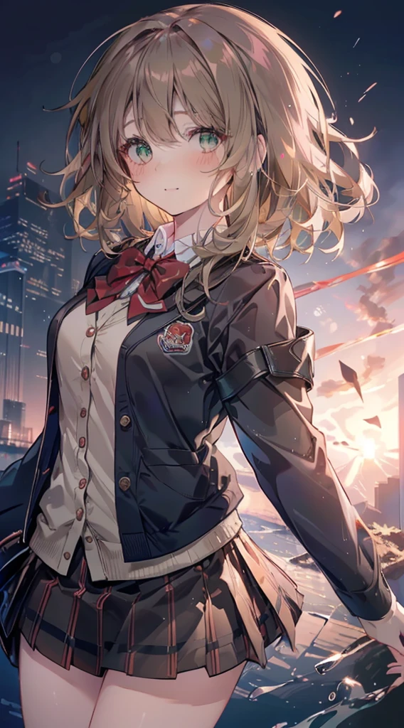 ((Tabletop, Highest quality, High resolution, Hmph, Pixel perfect, Depth of written boundary, 4K, Hmph, Hmph))), One Girl, single, alone, Beautiful Anime Girls, Beautiful art style, Anime characters, ((Long Hair, bangs, Dark brown hair, Curly Hair:0.8)), ((Green Eyes:1.4, Fine grain, Beautiful Eyes, Perfect Eyes,Curled lashes, Realistic eyes)), ((Detailed face, Blushing:1.2)), ((Smooth texture:0.75, Realistic texture:0.5, Anime CG Style)), Medium chest, Dynamic Angle, Big Breasts, Perfect body, Dynamic pose, ((Red bow tie, , Black jacket, Open jacket, Brown cardigan, White shirt, Black Skirt, Checked skirt)), smile, Open your mouth, Put your arms behind your back, Leaning forward, Amalment Park, ((close, throw, cute, Shoot in the face))